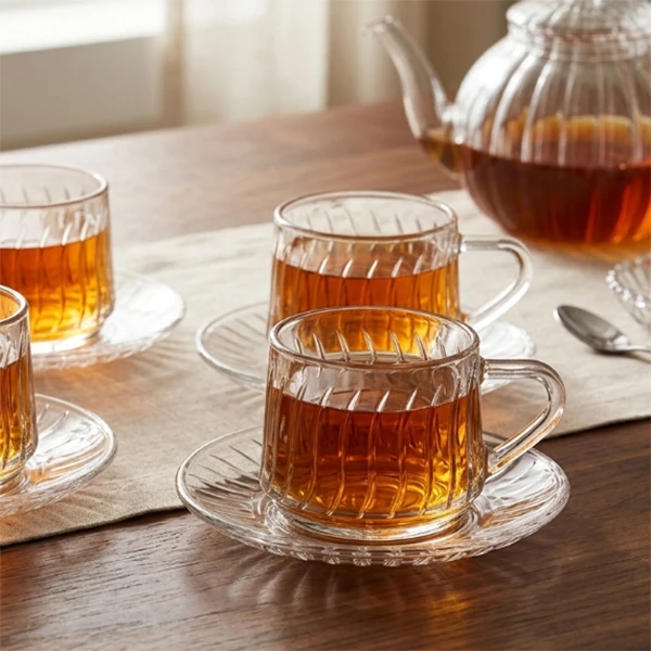 فنجان و نعلبکی دلی گلس مدل کوئینگ شفاف با خطوط طراحی‌ شده و مدرن
