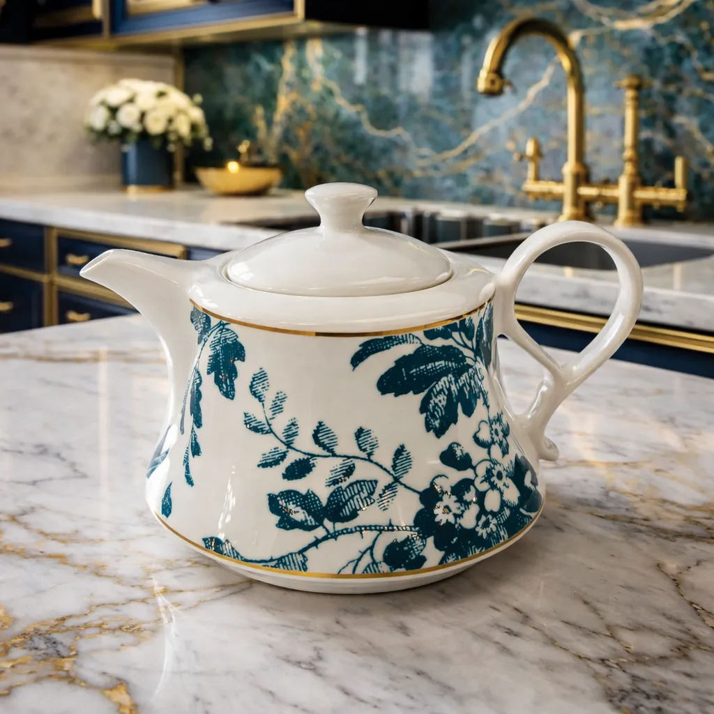 قوری چینی لوکس سری مالاگا سی اند اس با فرم بدنه ویژه و نقوش گل‌های سبز زمردی و خطوط ظریف طلایی