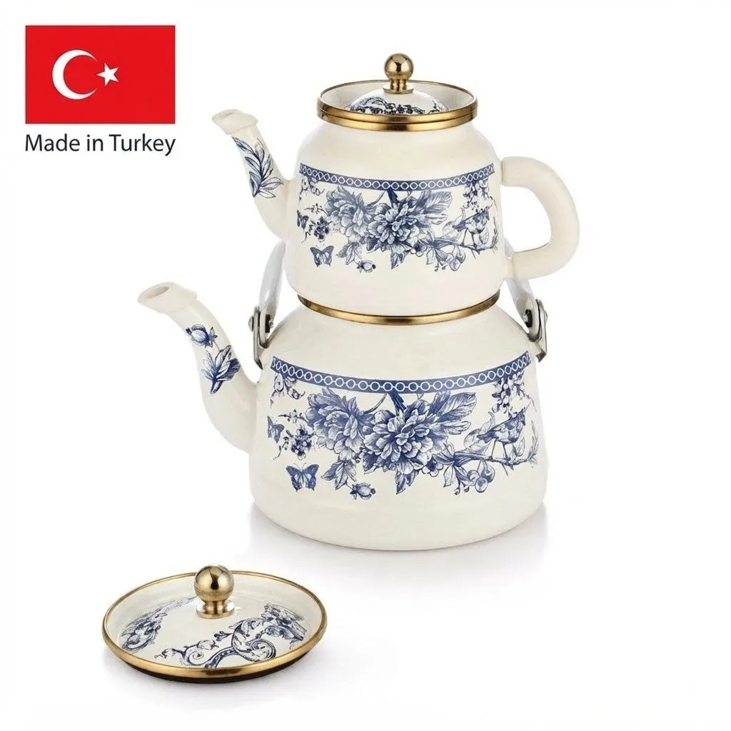 ست کتری و قوری لعابی طرح سنتی آبی