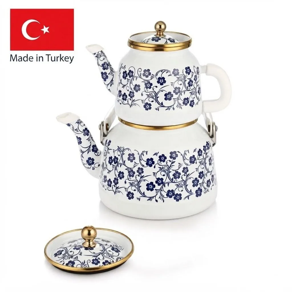 ست کتری و قوری لعابی طرح گل آبی دنی هوم