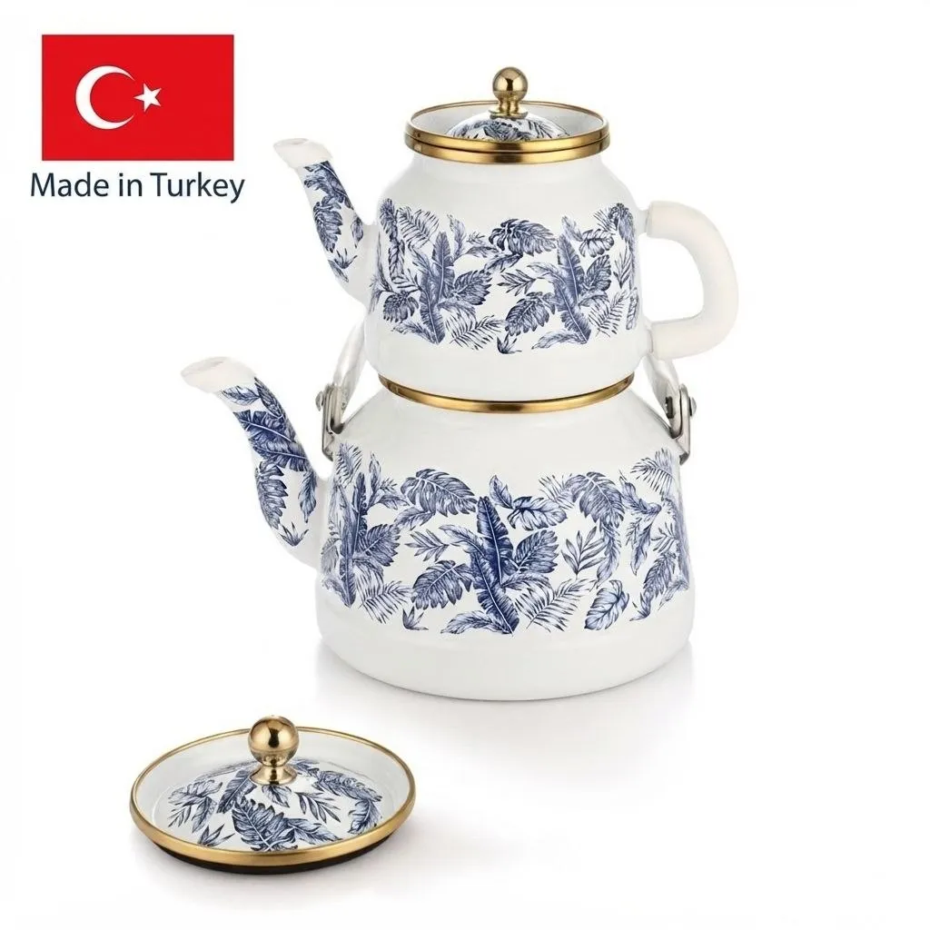 ست کتری و قوری لعابی طرح برگ آبی
